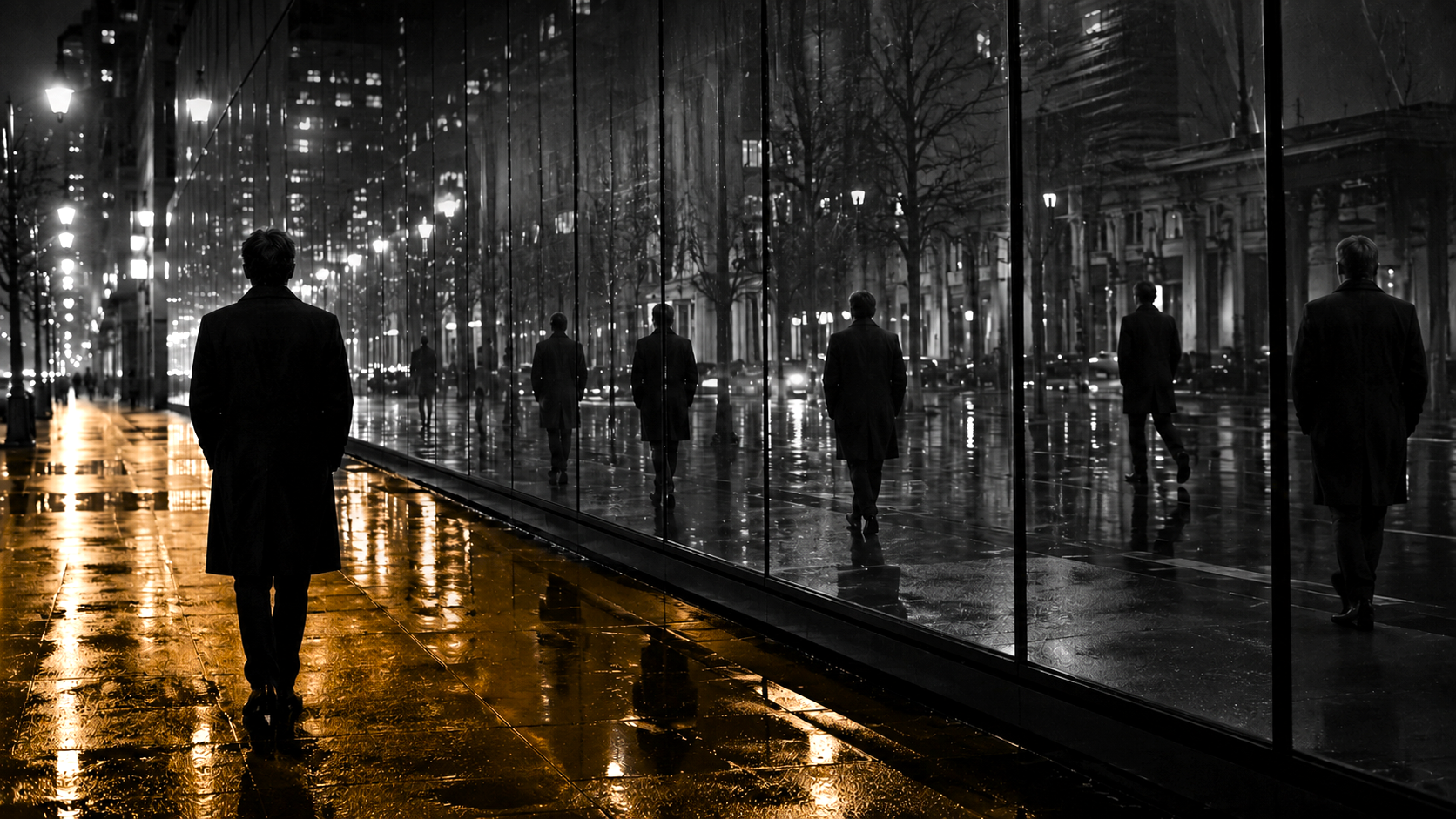 A solitary figure walks beside a mirrored wall on a rain-soaked city street at night, surrounded by layered reflections.